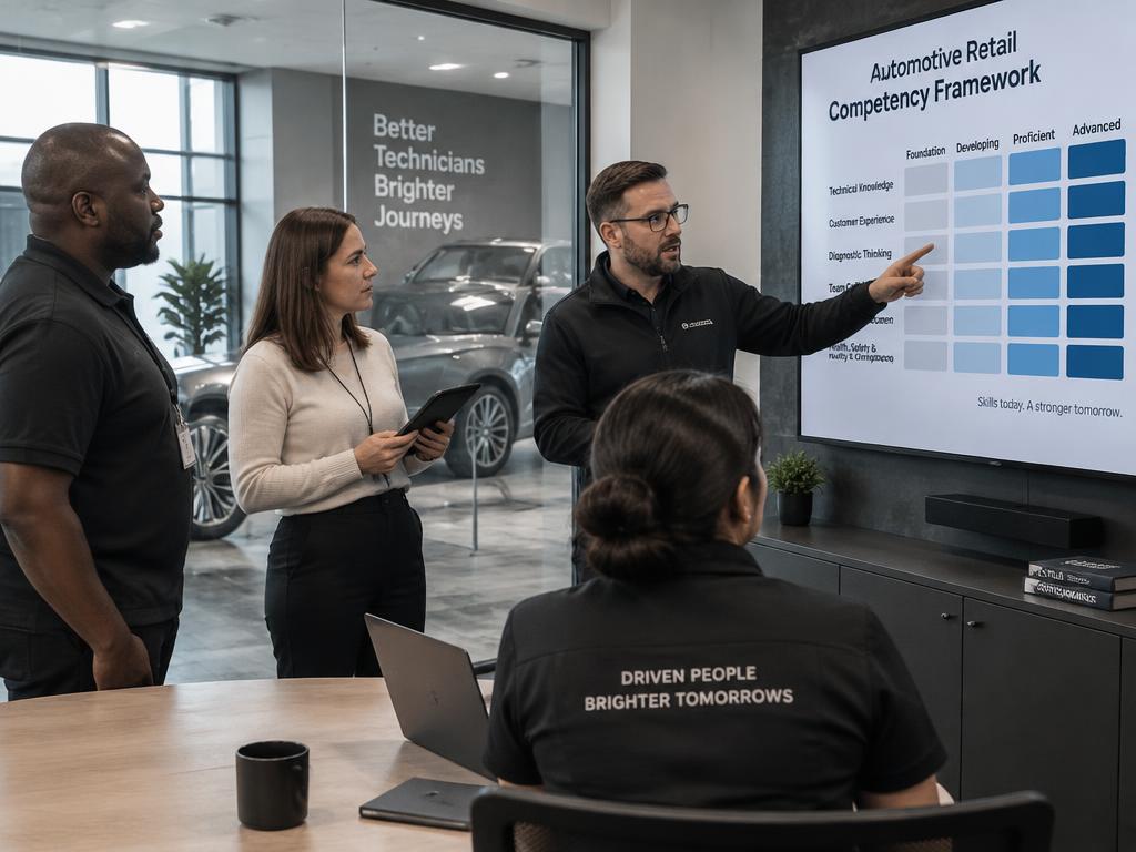 Automotive professionals reviewing a competency framework in a training room