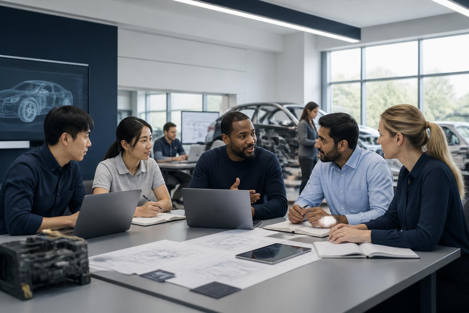 International group of automotive professionals working together in a training session