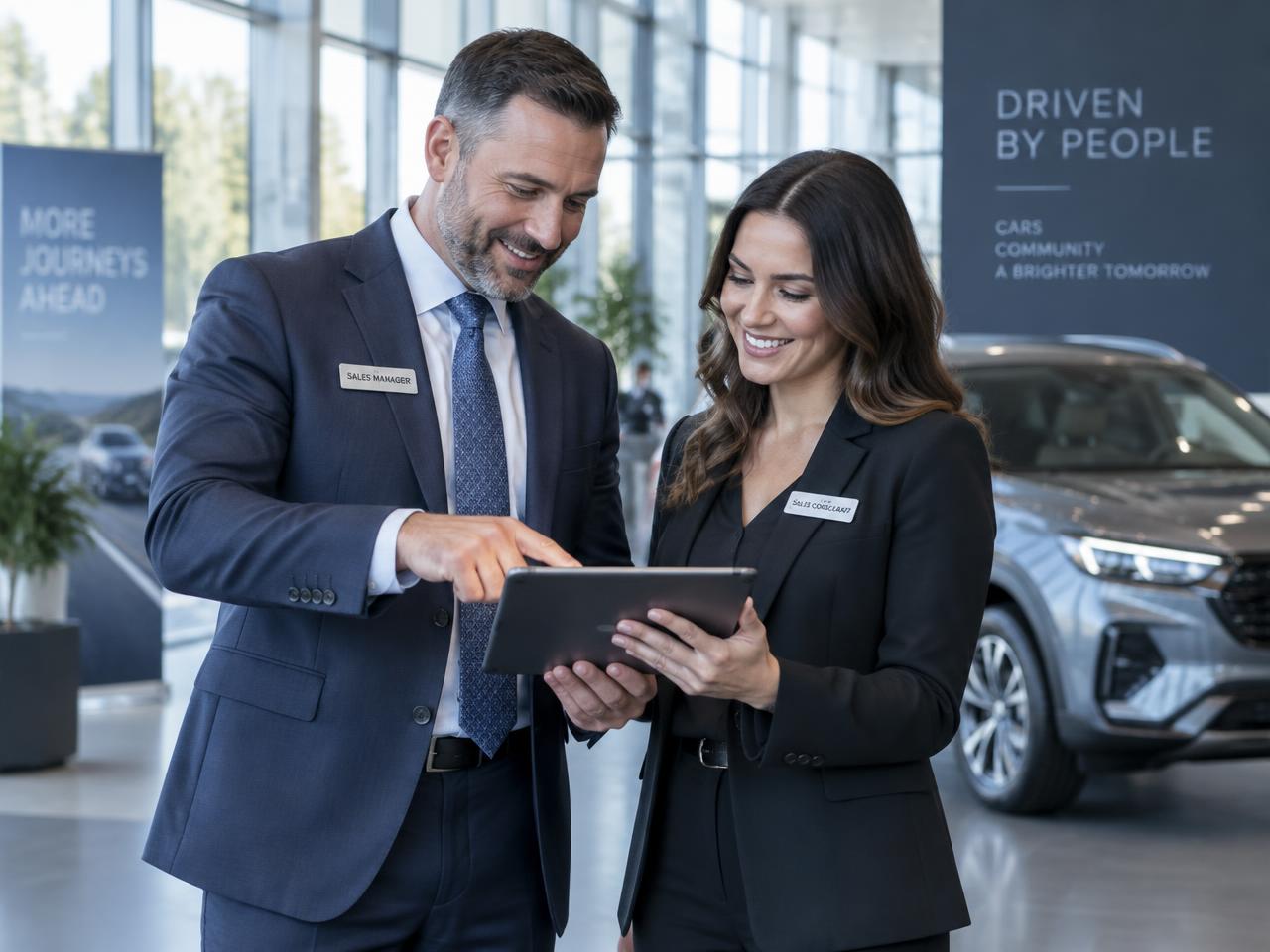 Automotive sales manager coaching a sales consultant in a dealership showroom